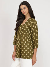 Cotton Dabu Polka Top - Olive