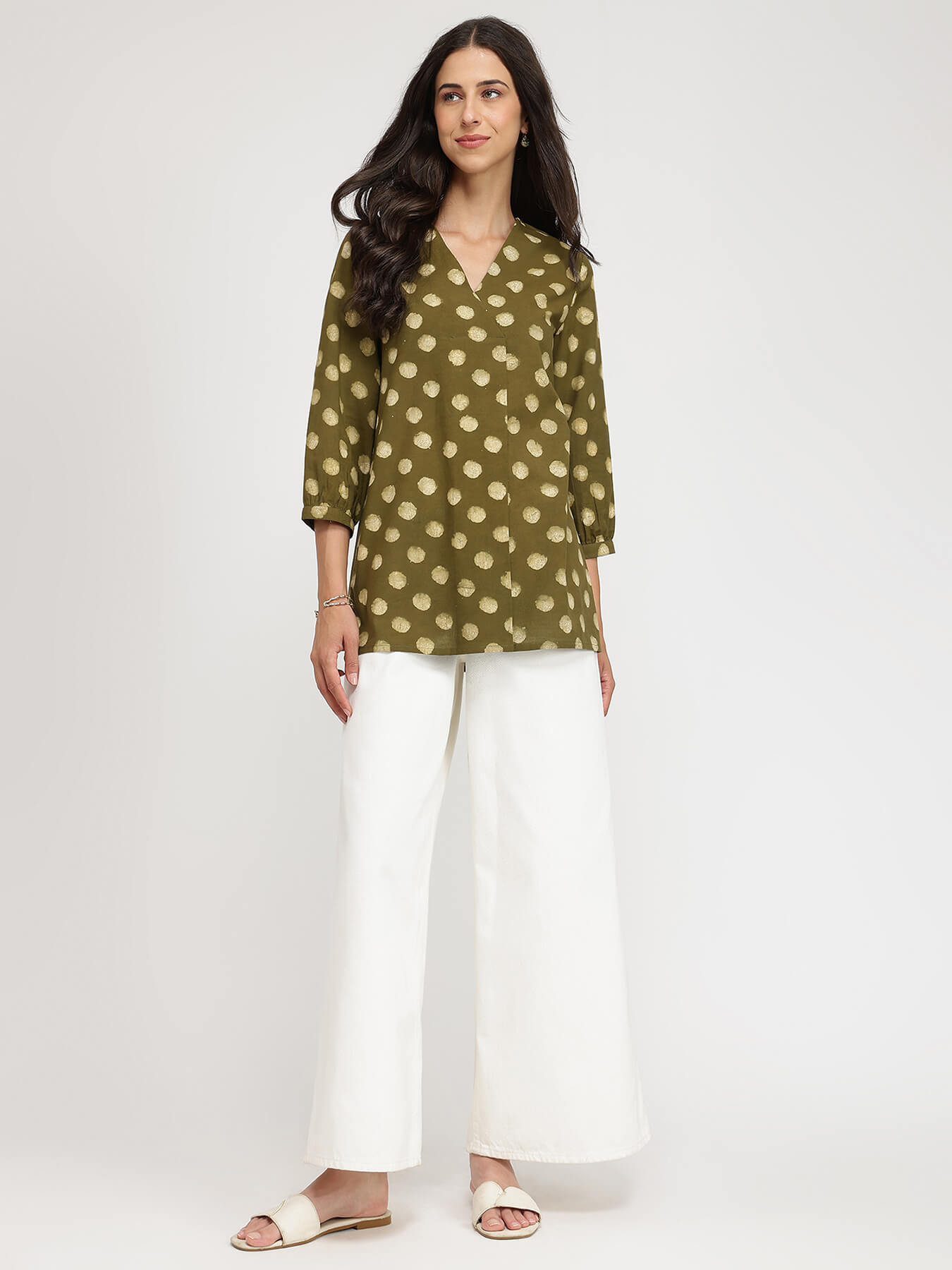 Cotton Dabu Polka Top - Olive
