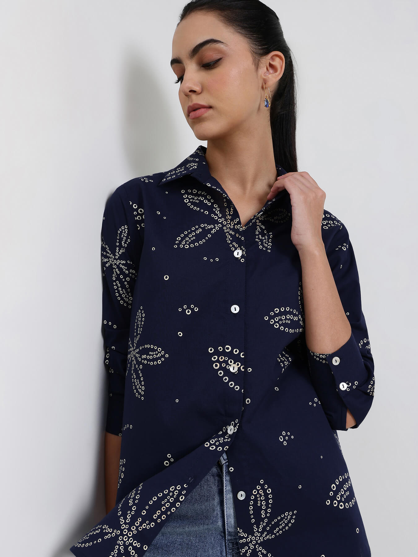 Cotton Bandhani Floral Shirt - Navy Blue