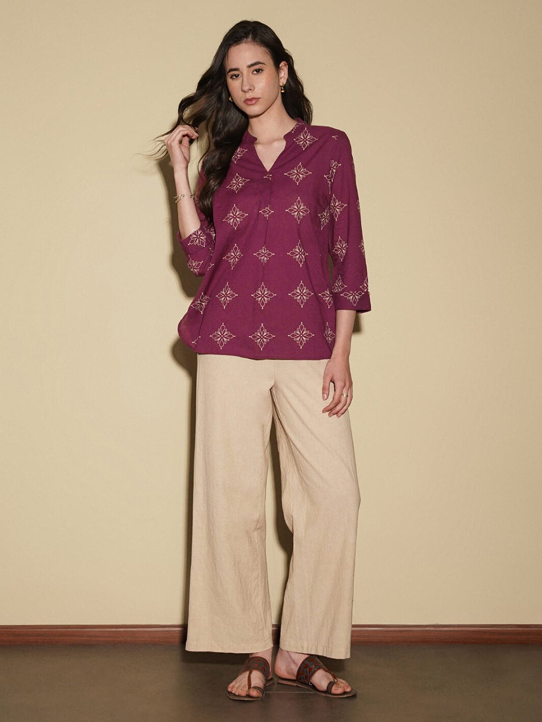 Cotton Floral Regular Top - Magenta