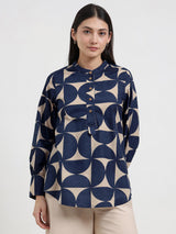 Cotton Geometric Top - Beige & Blue
