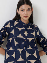 Cotton Geometric Top - Beige & Blue