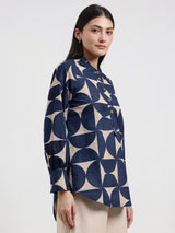 Cotton Geometric Top - Beige & Blue