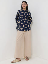 Cotton Geometric Top - Beige & Blue