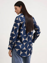 Cotton Geometric Top - Beige & Blue