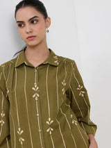 Cotton Abstract Shirt Collar Top - Green