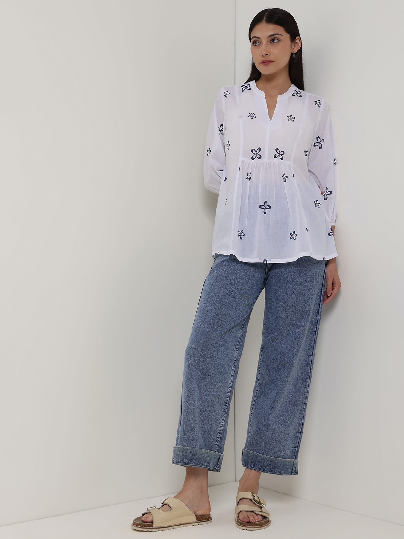 Cotton Floral A-Line Top - Off White