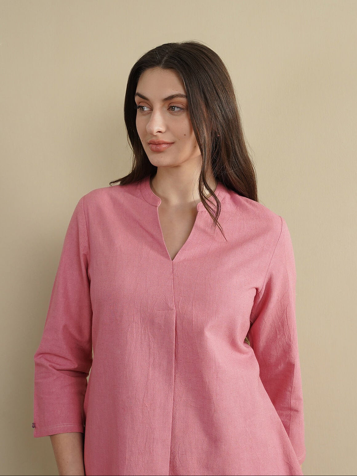 Linen Blend Solid Regular Top - Pink
