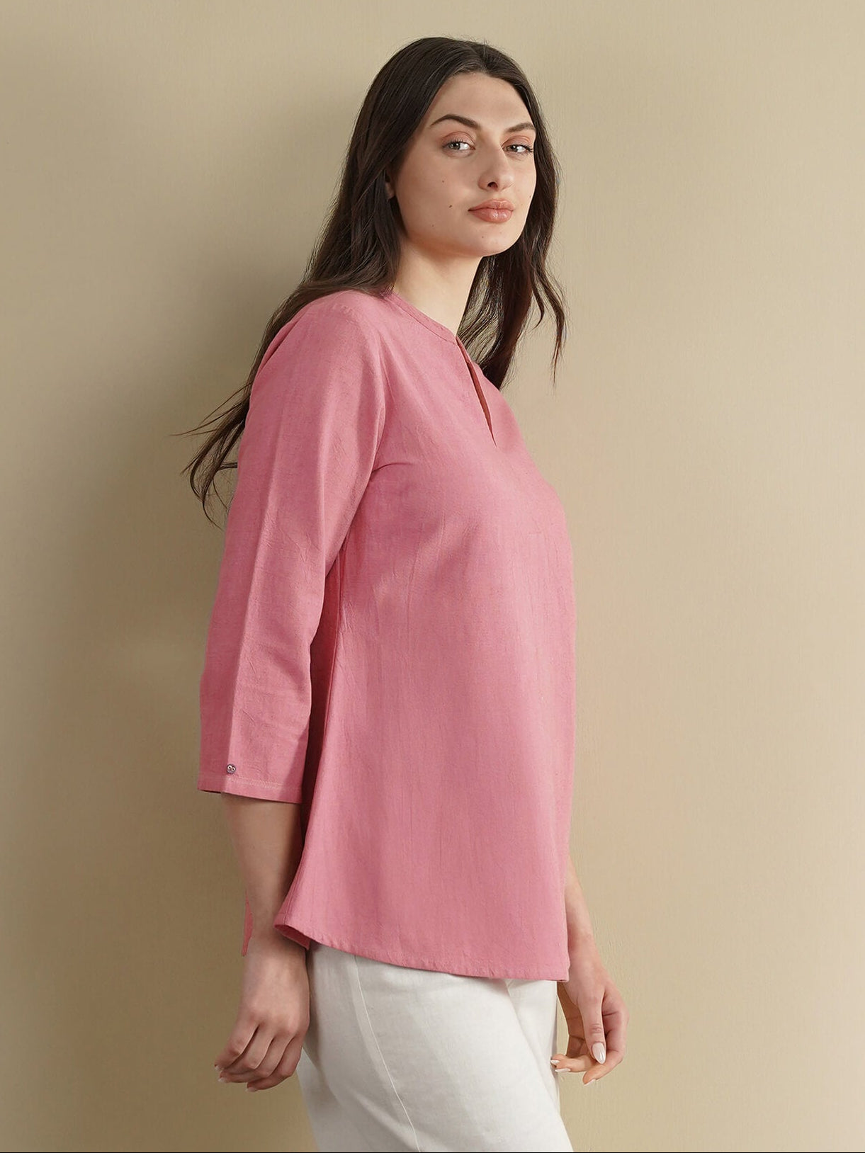 Linen Blend Solid Regular Top - Pink