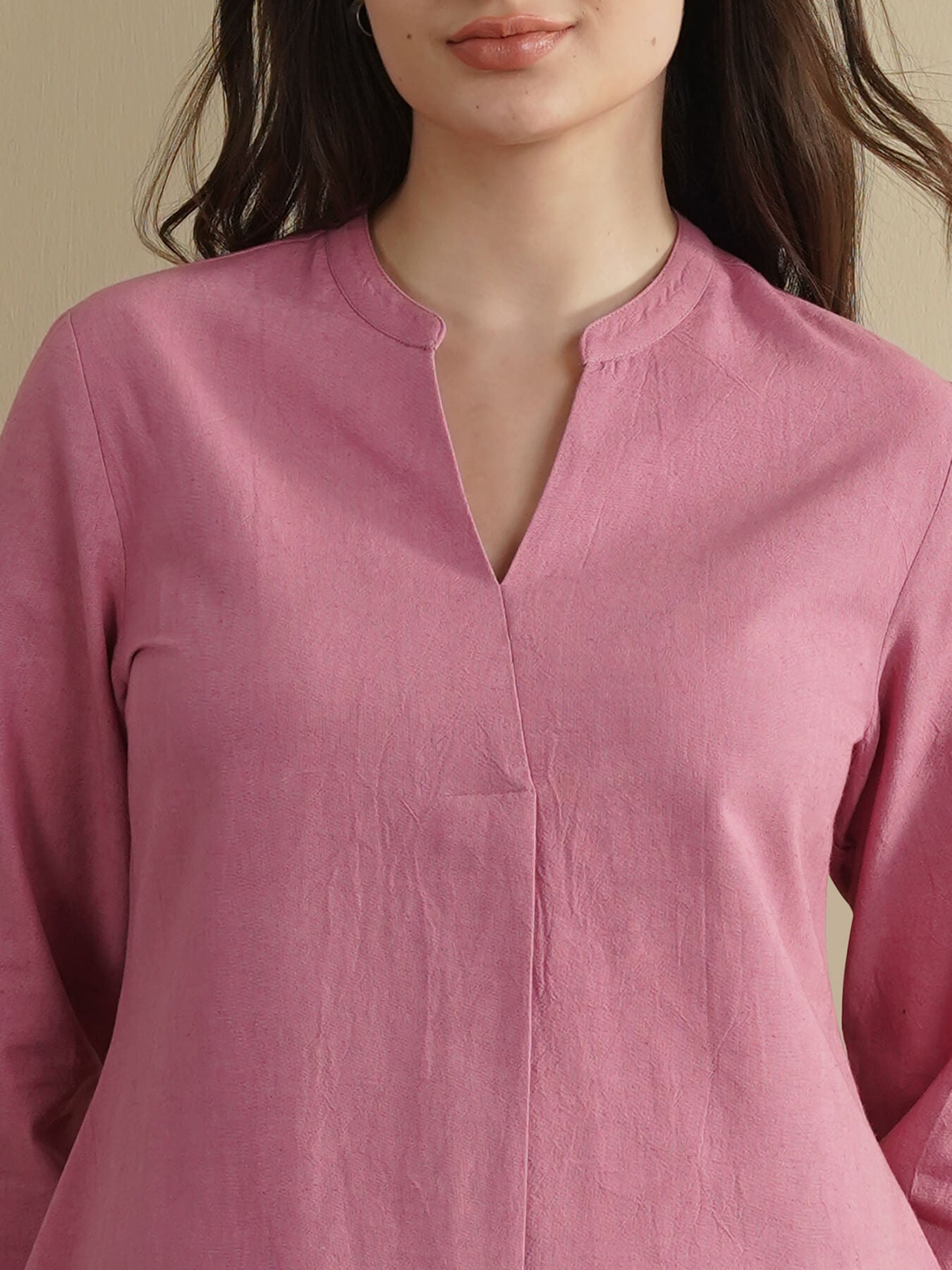 Linen Blend Solid Regular Top - Pink