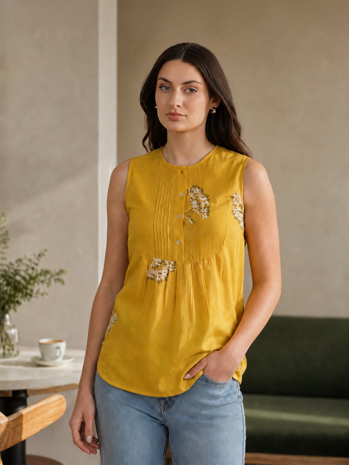 Cotton Floral Regular Top - Yellow