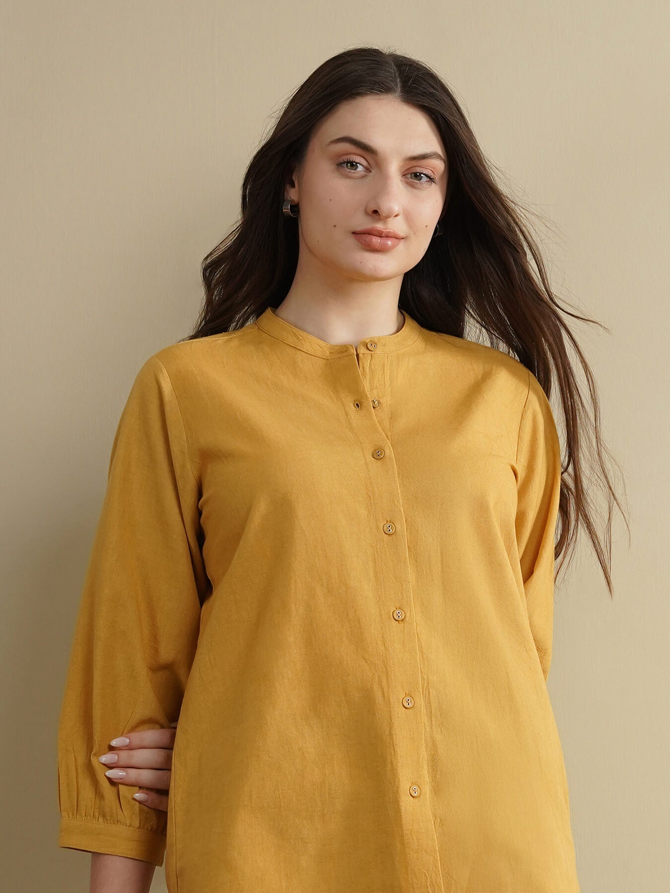 Linen Blend Solid Regular Top - Yellow