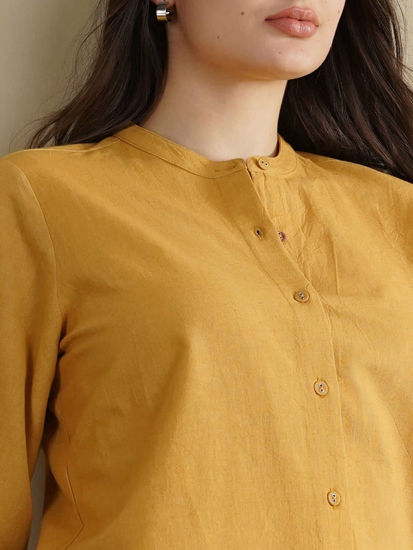 Linen Blend Solid Regular Top - Yellow