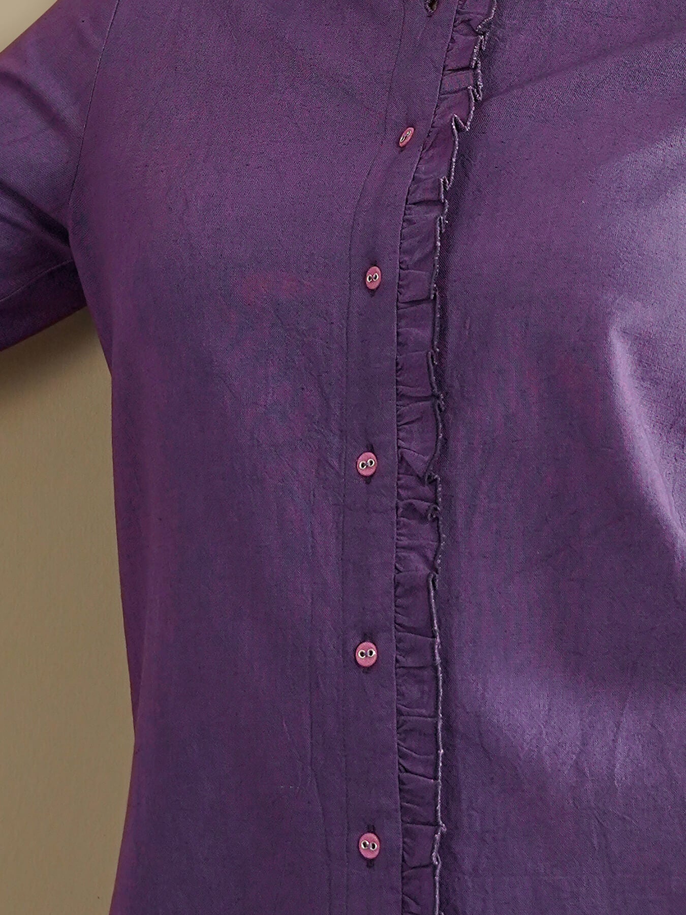 Linen Blend Solid Regular Top - Purple