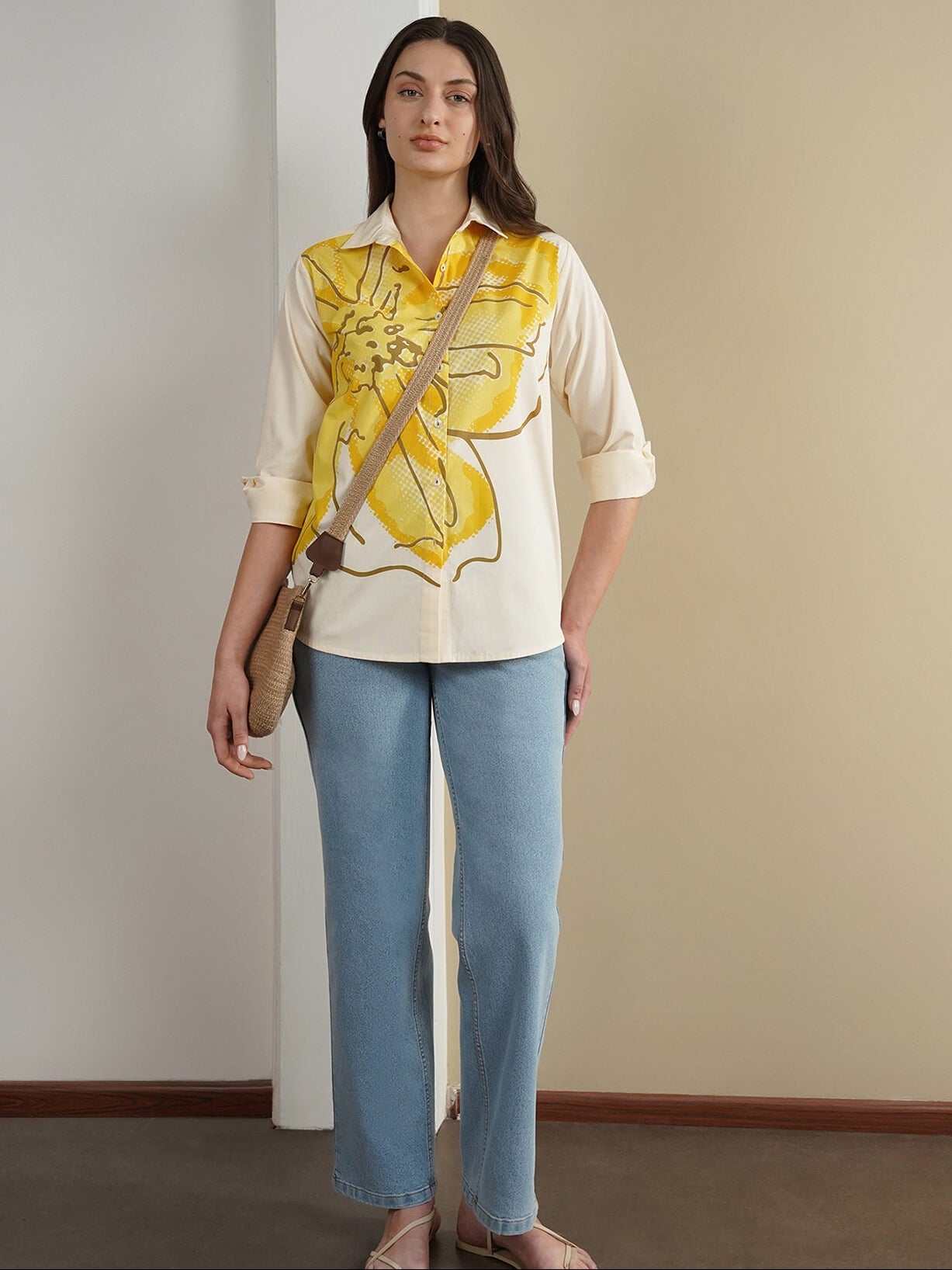 Cotton Placement Floral Shirt - Off White