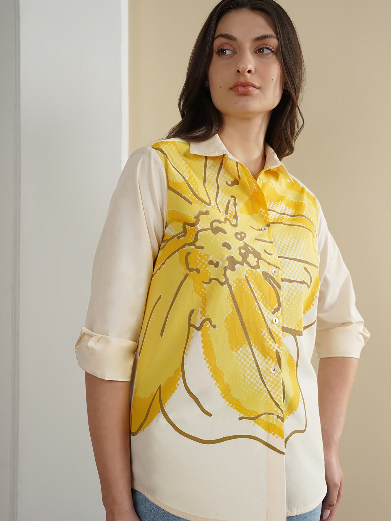 Cotton Placement Floral Shirt - Off White