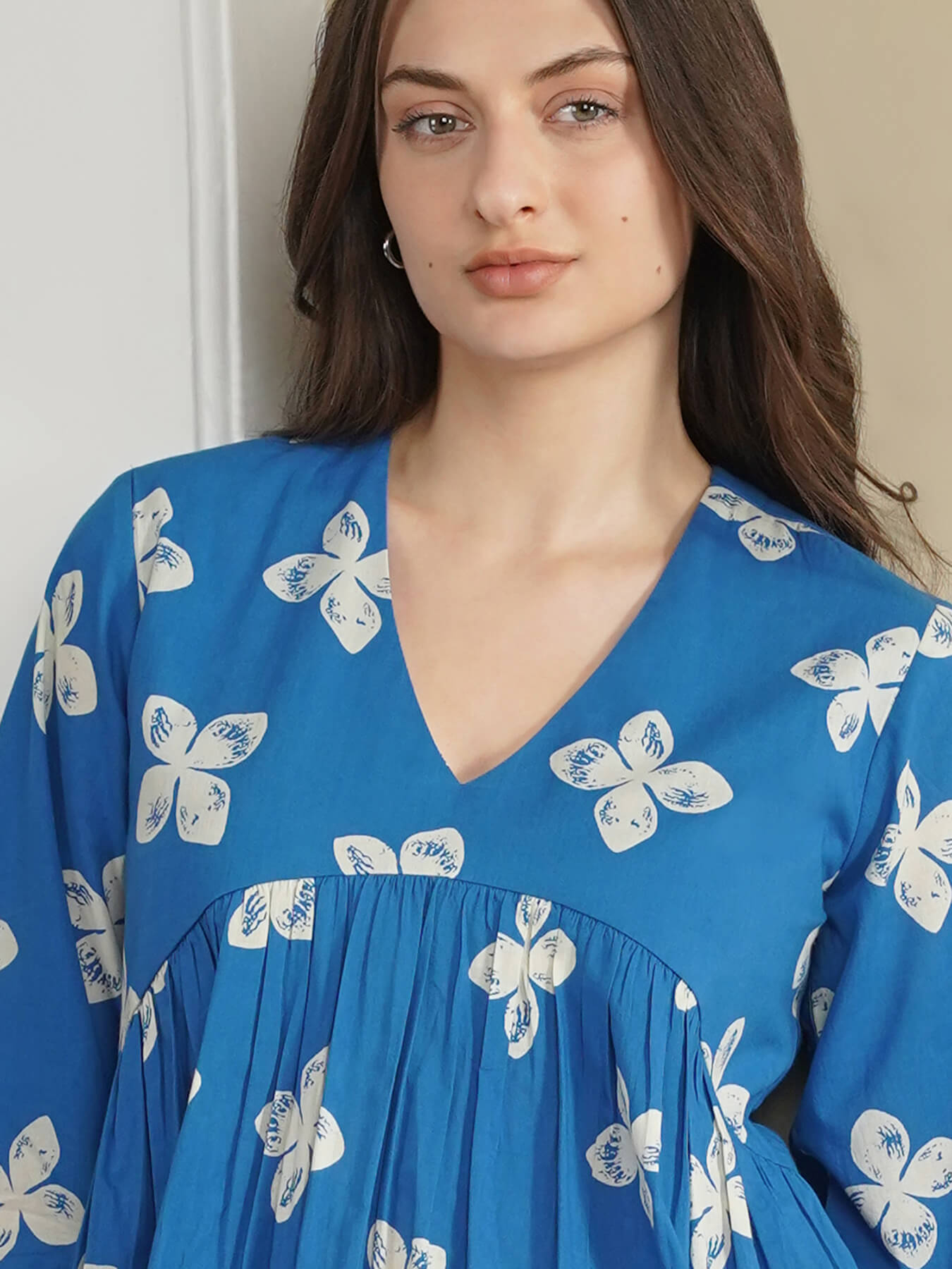 Cotton Floral Peplum Top - Blue