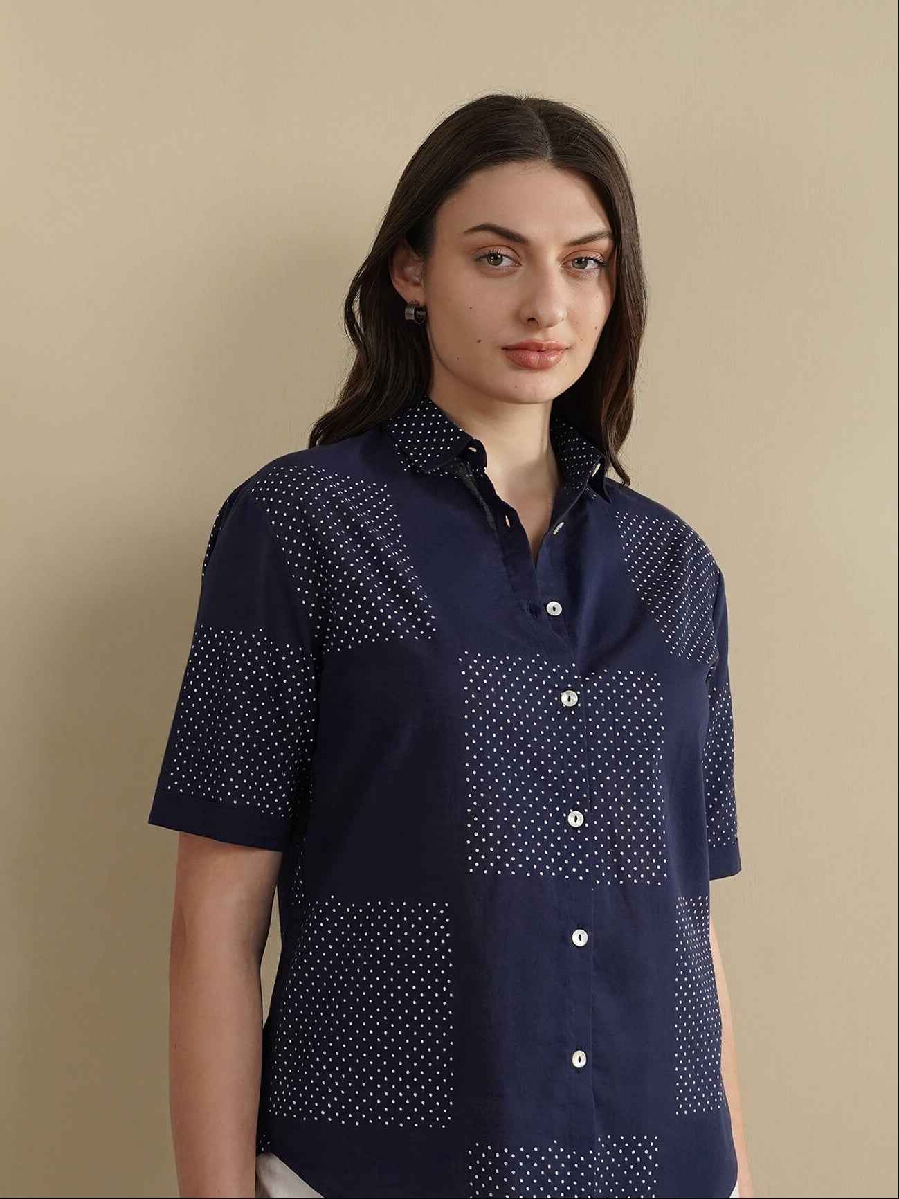 Cotton Geometric Shirt Style Top - Navy Blue