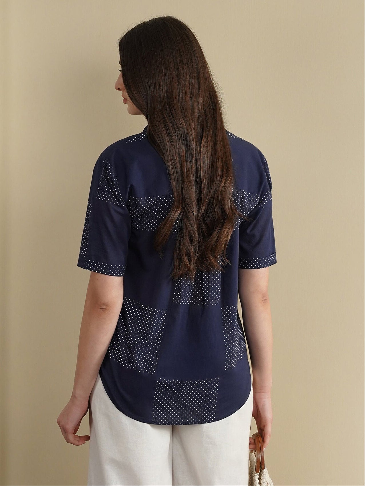 Cotton Geometric Shirt Style Top - Navy Blue