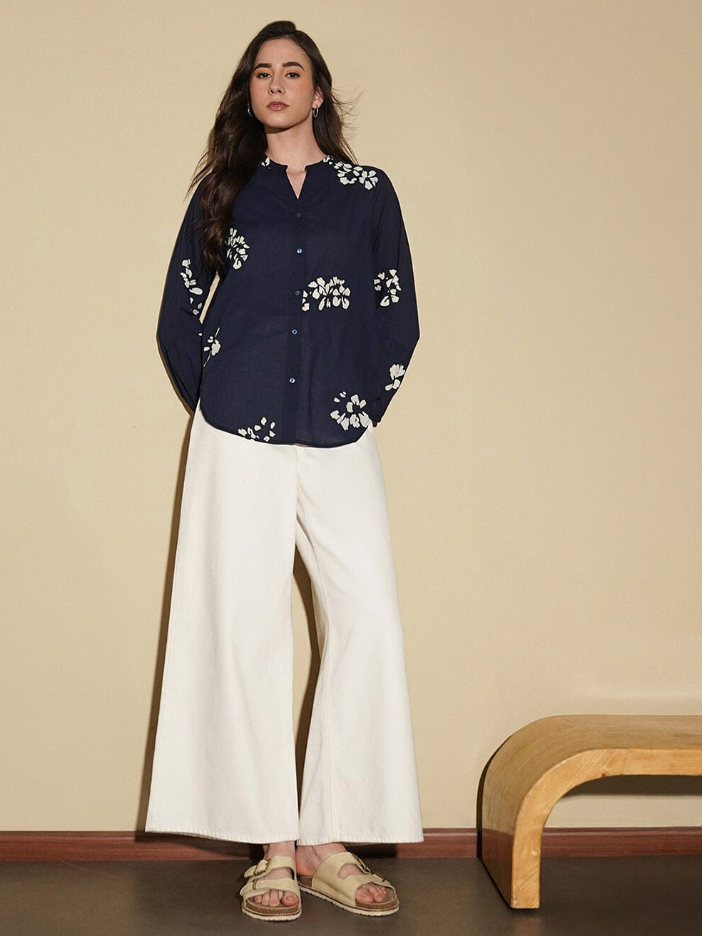 Cotton Floral Band Collar Top - Navy Blue