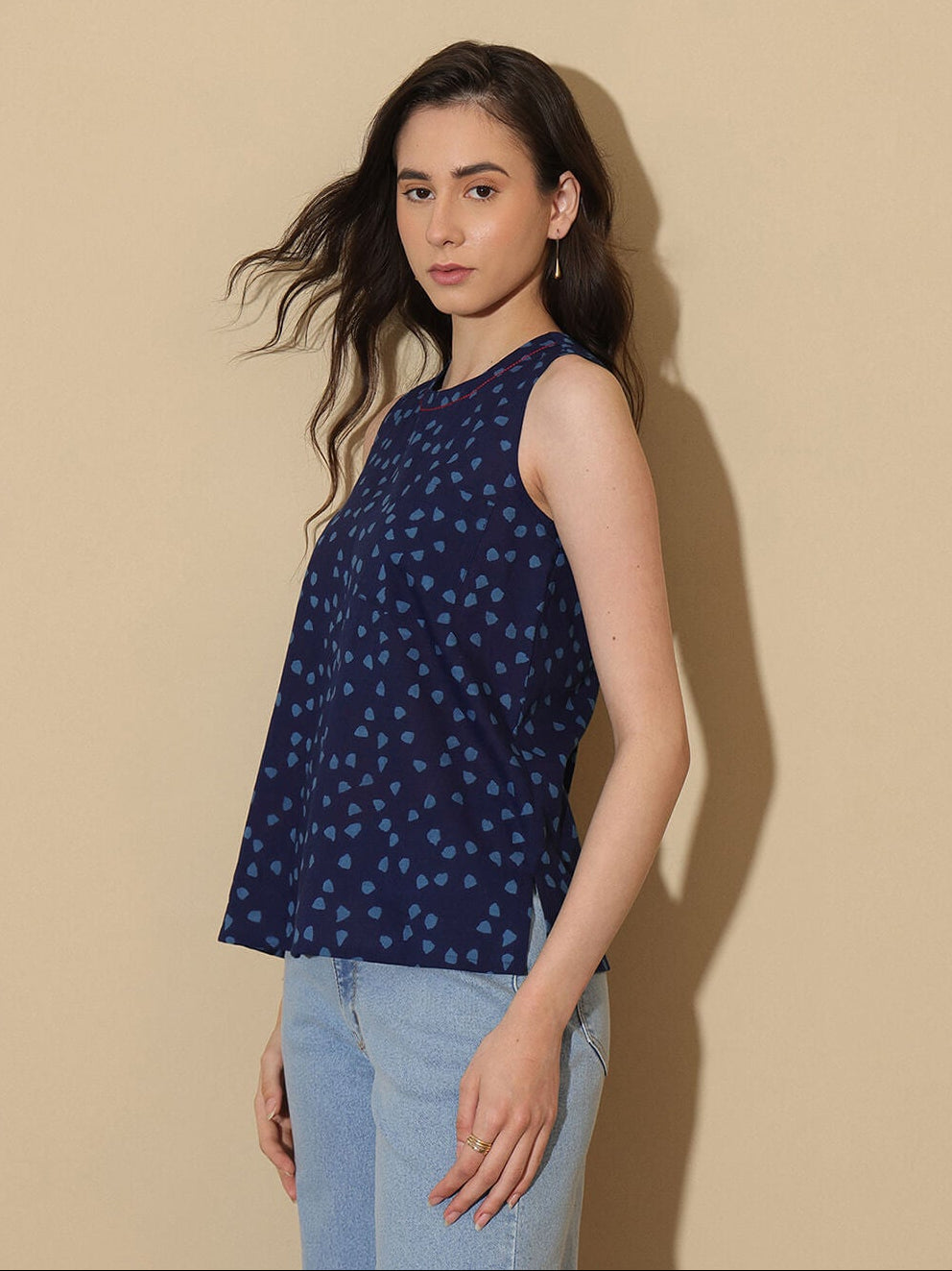 Cotton Geometric Round Neck Top - Blue