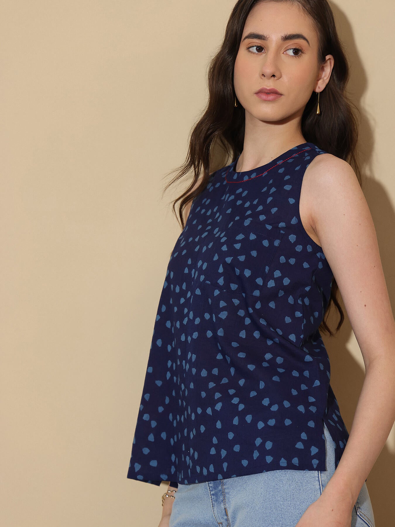 Cotton Geometric Round Neck Top - Blue