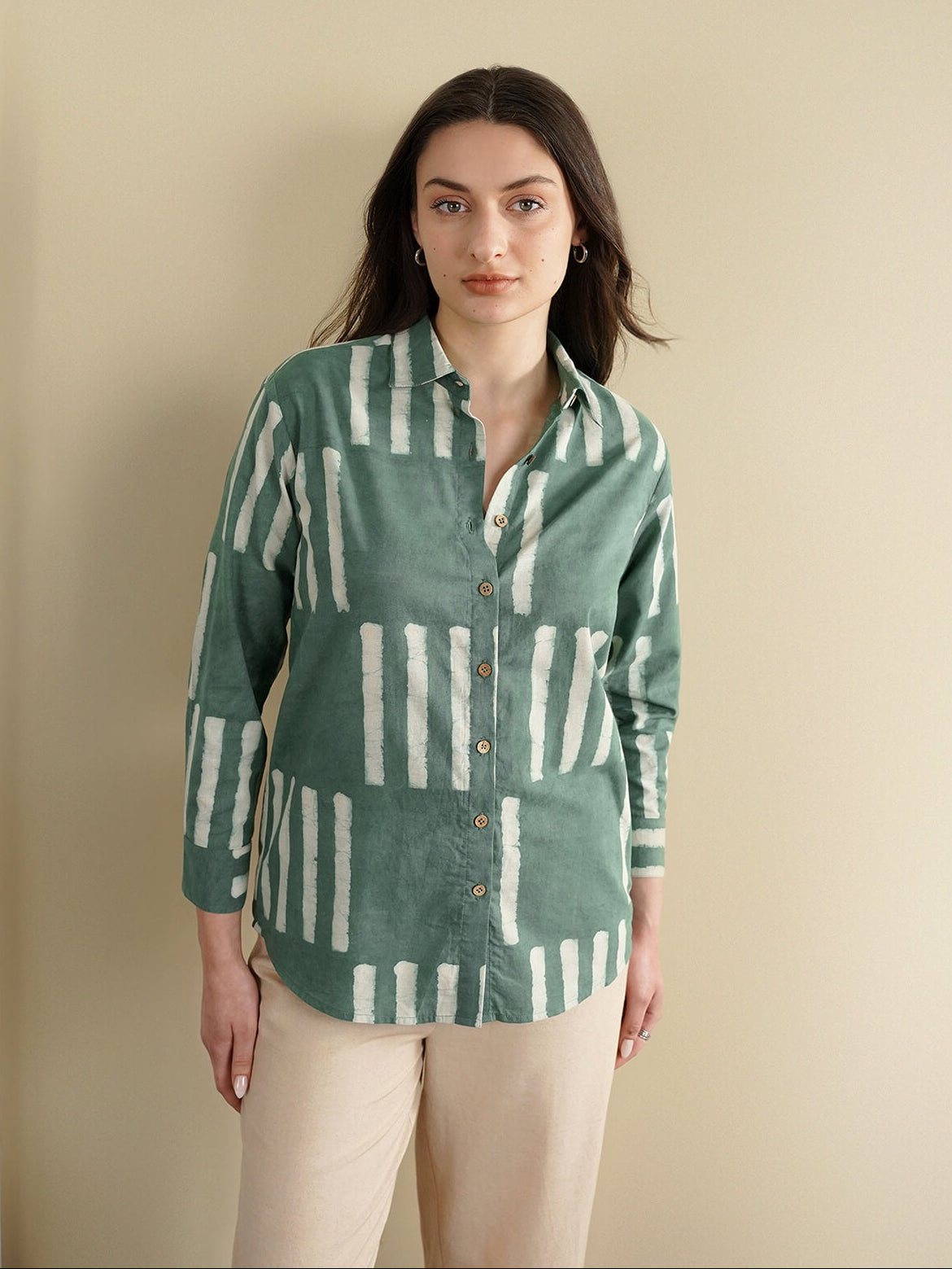 Cotton Dabu Geometric Regular Shirt - Green