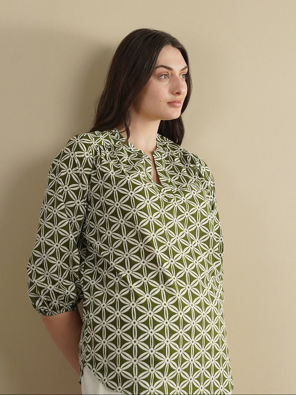 Cotton Geometric Band Collar Top - Olive