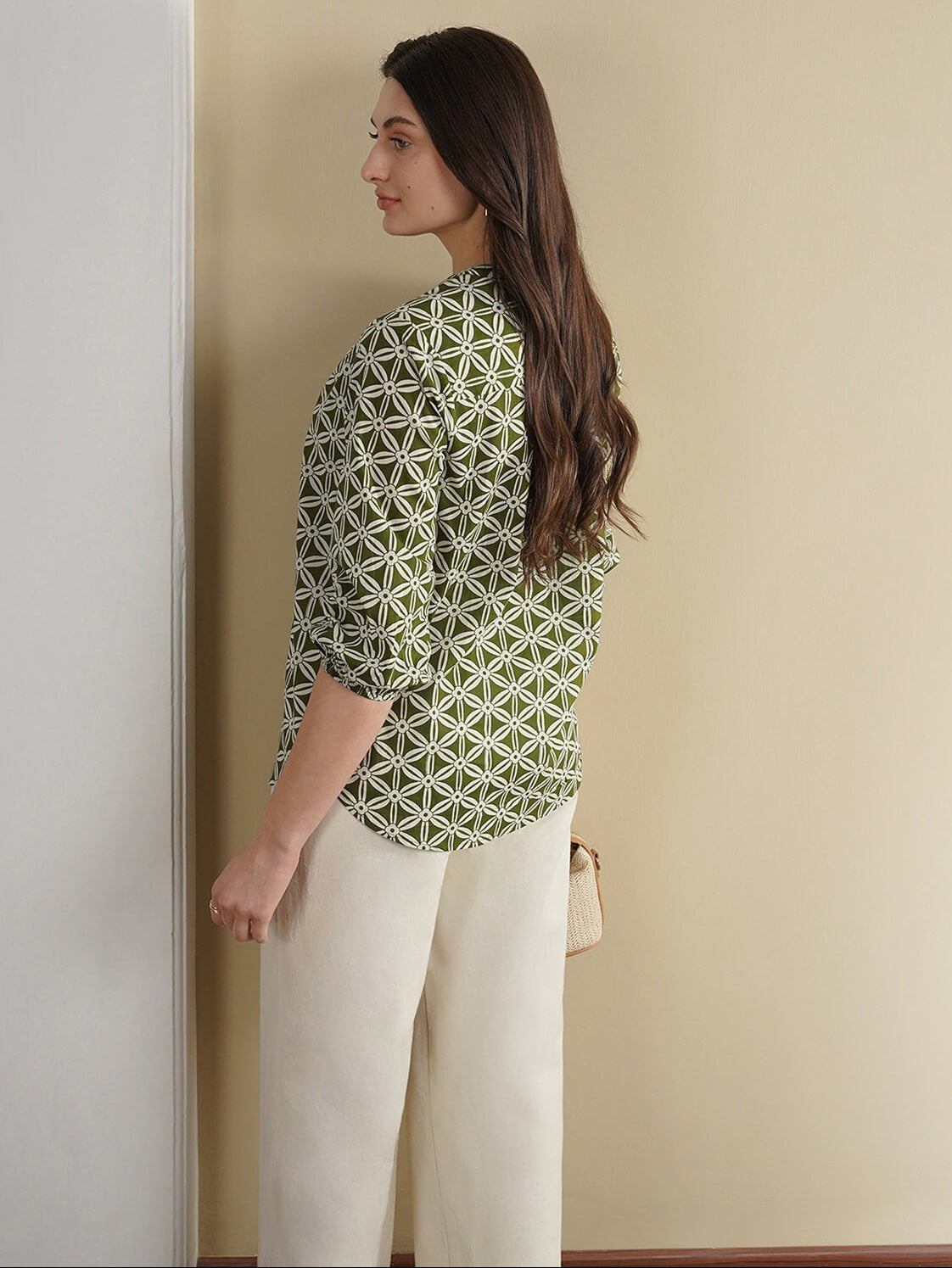 Cotton Geometric Band Collar Top - Olive