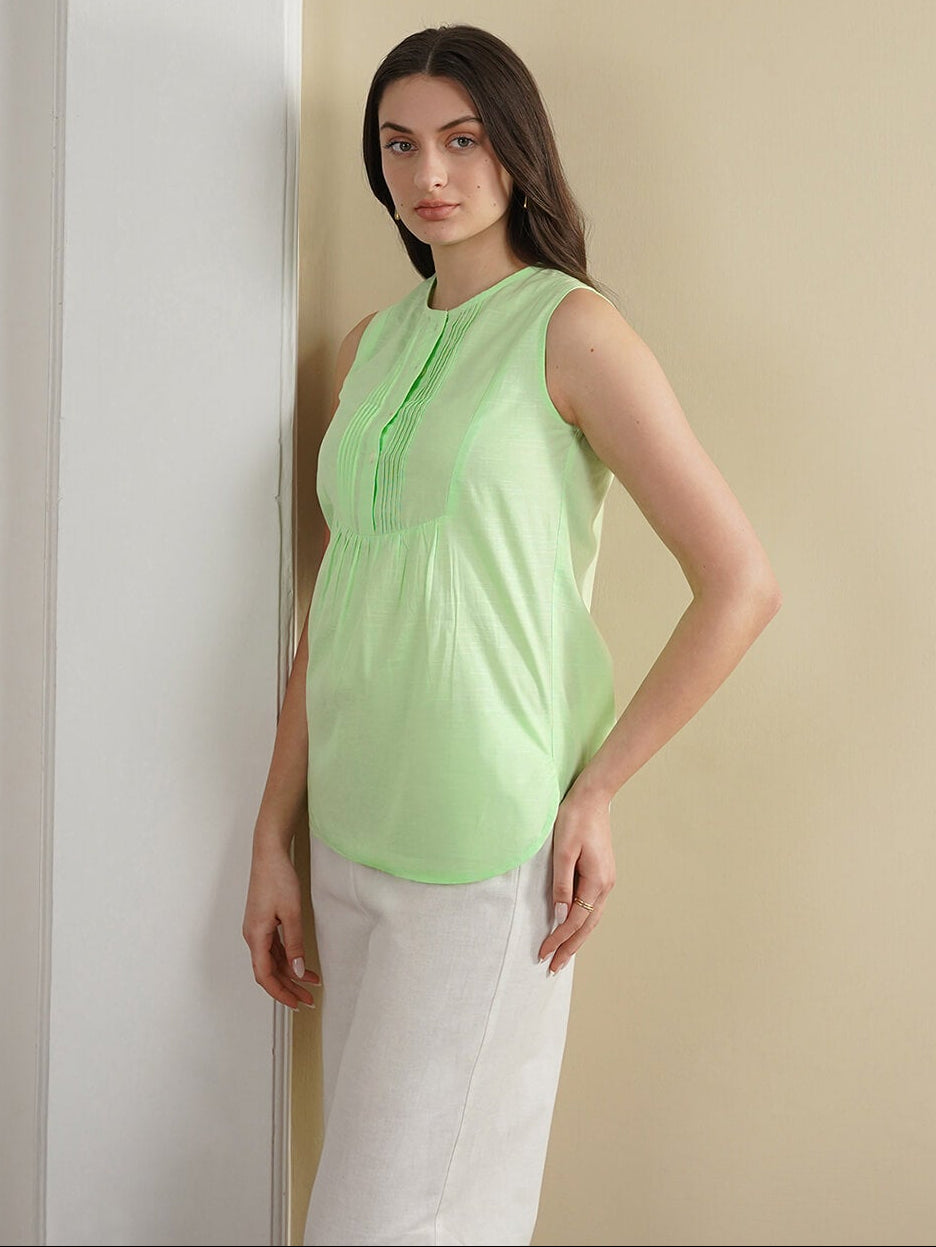 Cotton Solid Round Neck Top - Green