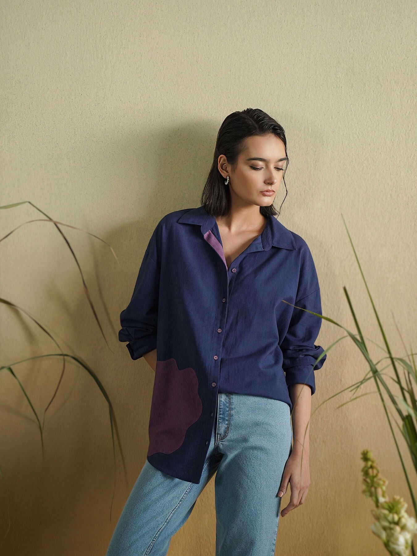 Linen Blend Solid Regular Shirt - Navy Blue