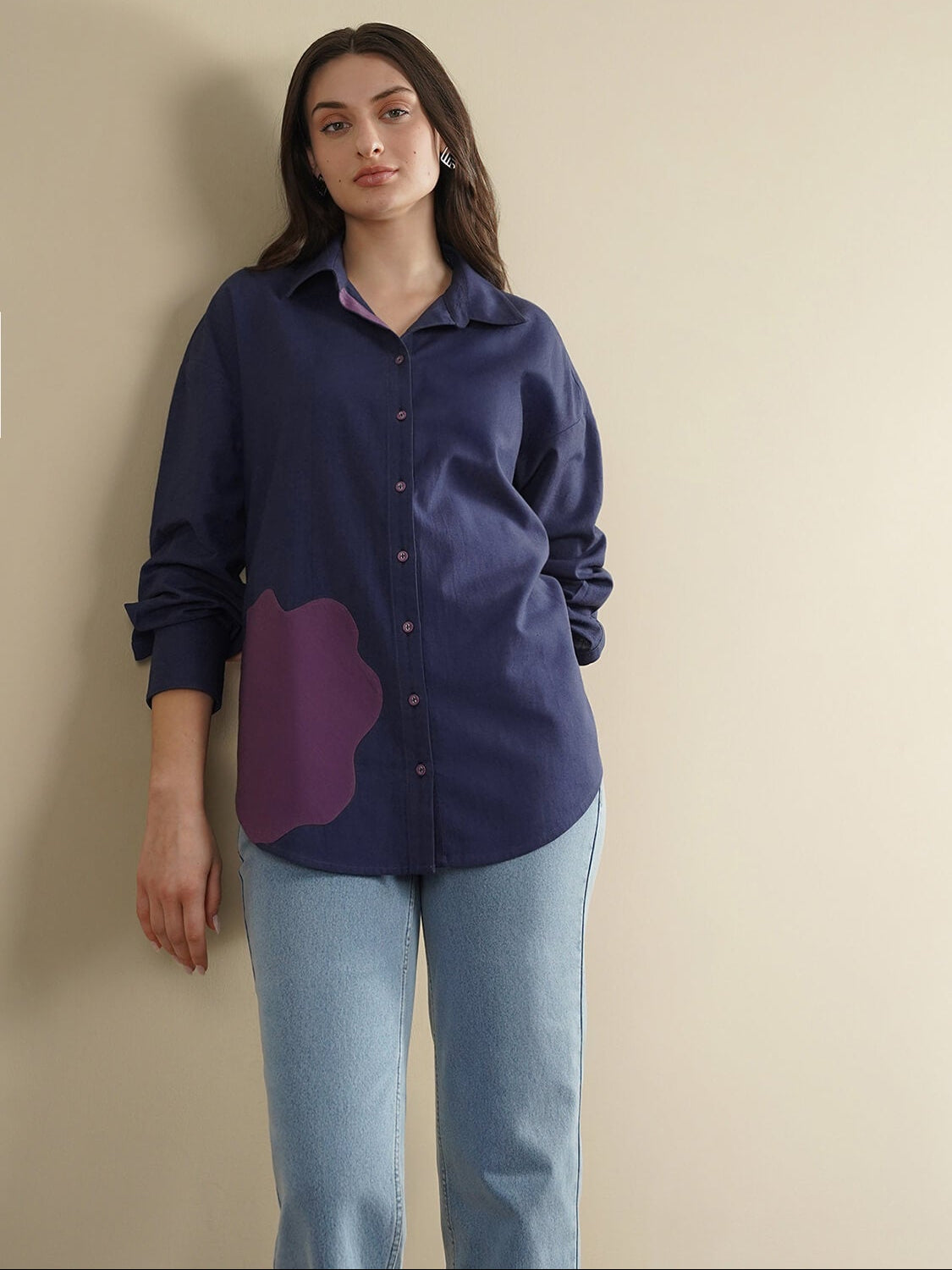 Linen Blend Solid Regular Shirt - Navy Blue