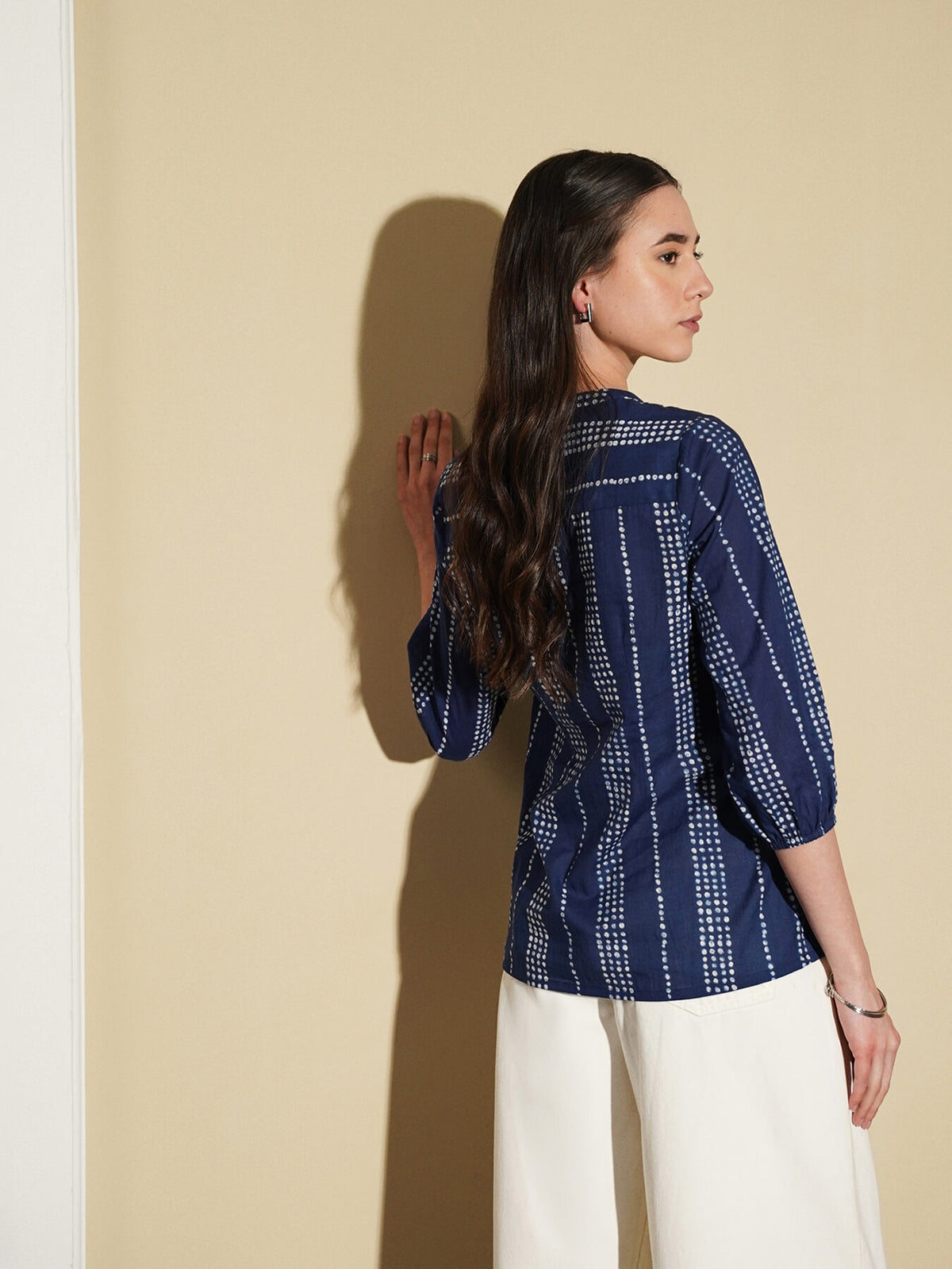 Cotton Polka Dots Peplum Top - Navy Blue