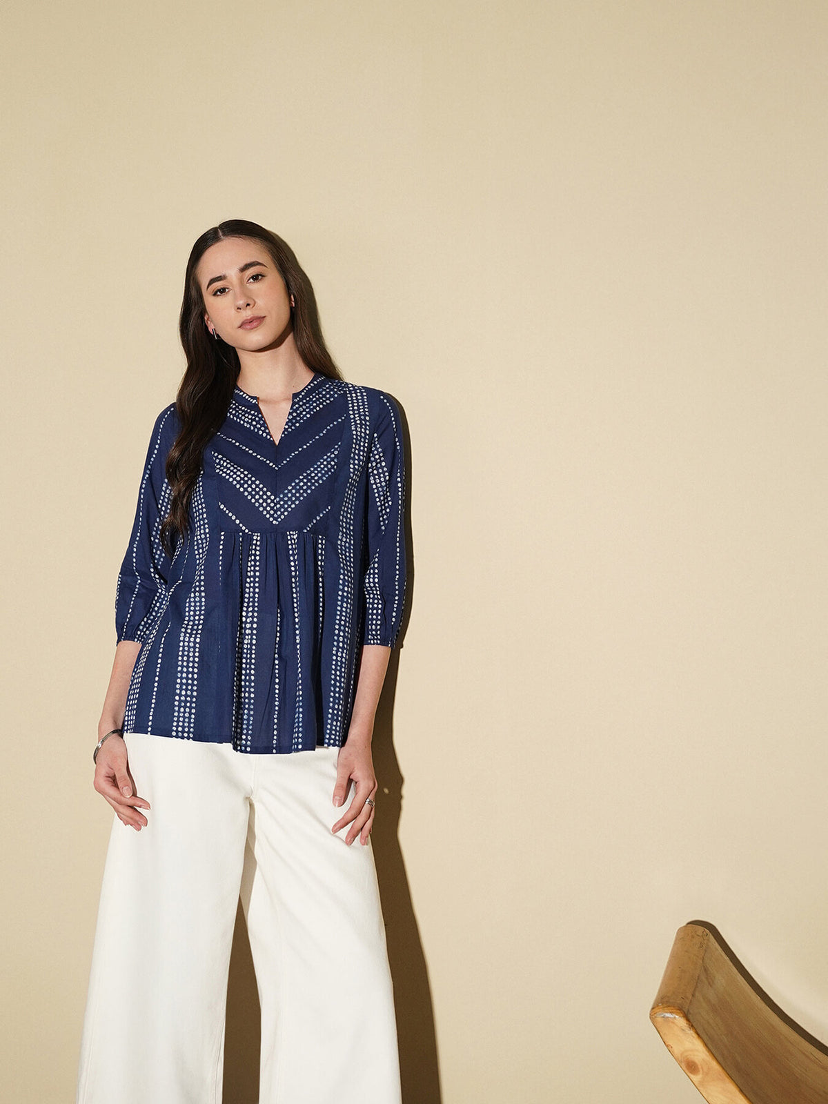 Cotton Polka Dots Peplum Top - Navy Blue