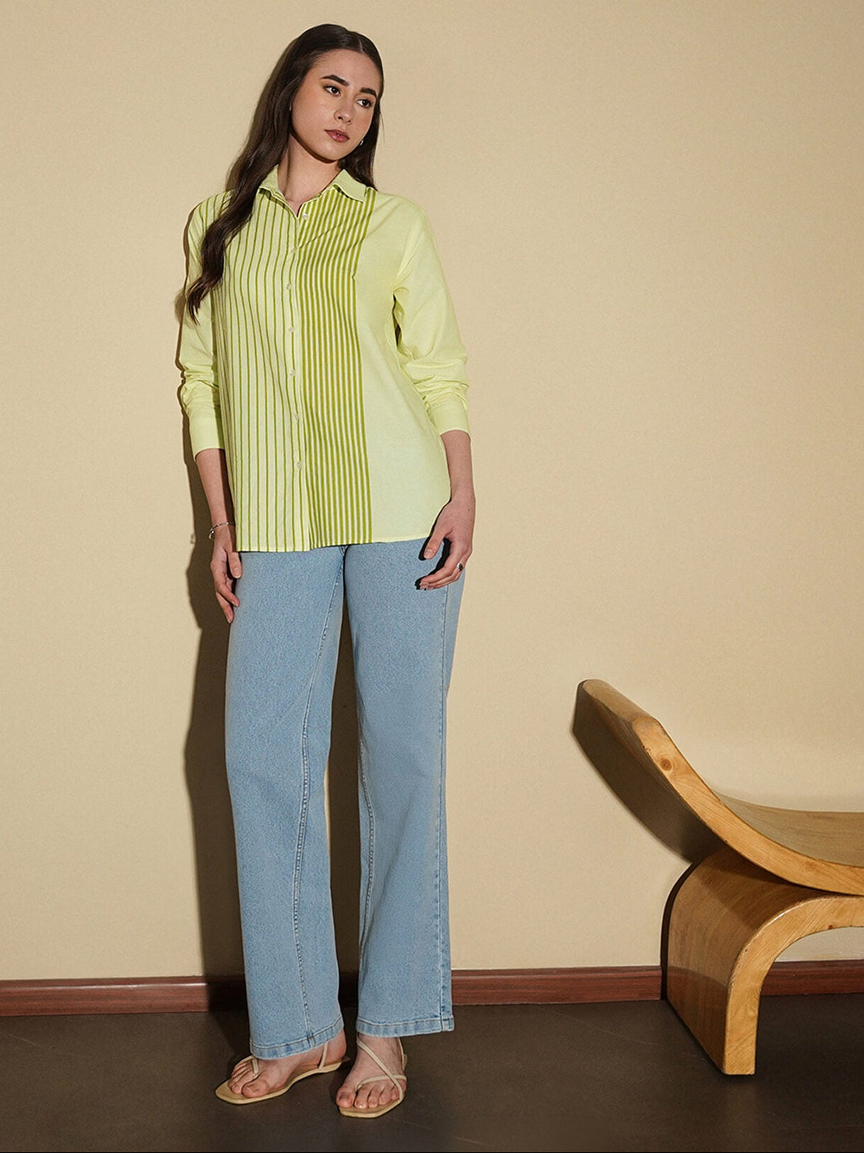 Cotton Placement Striped Shirt - Green