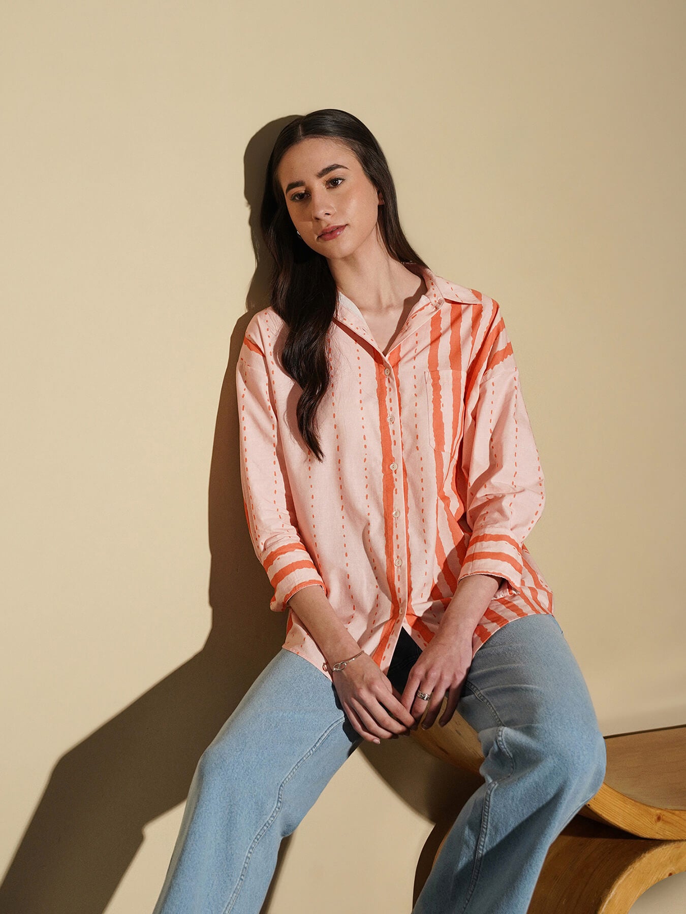 Cotton Placement Striped Shirt - Peach