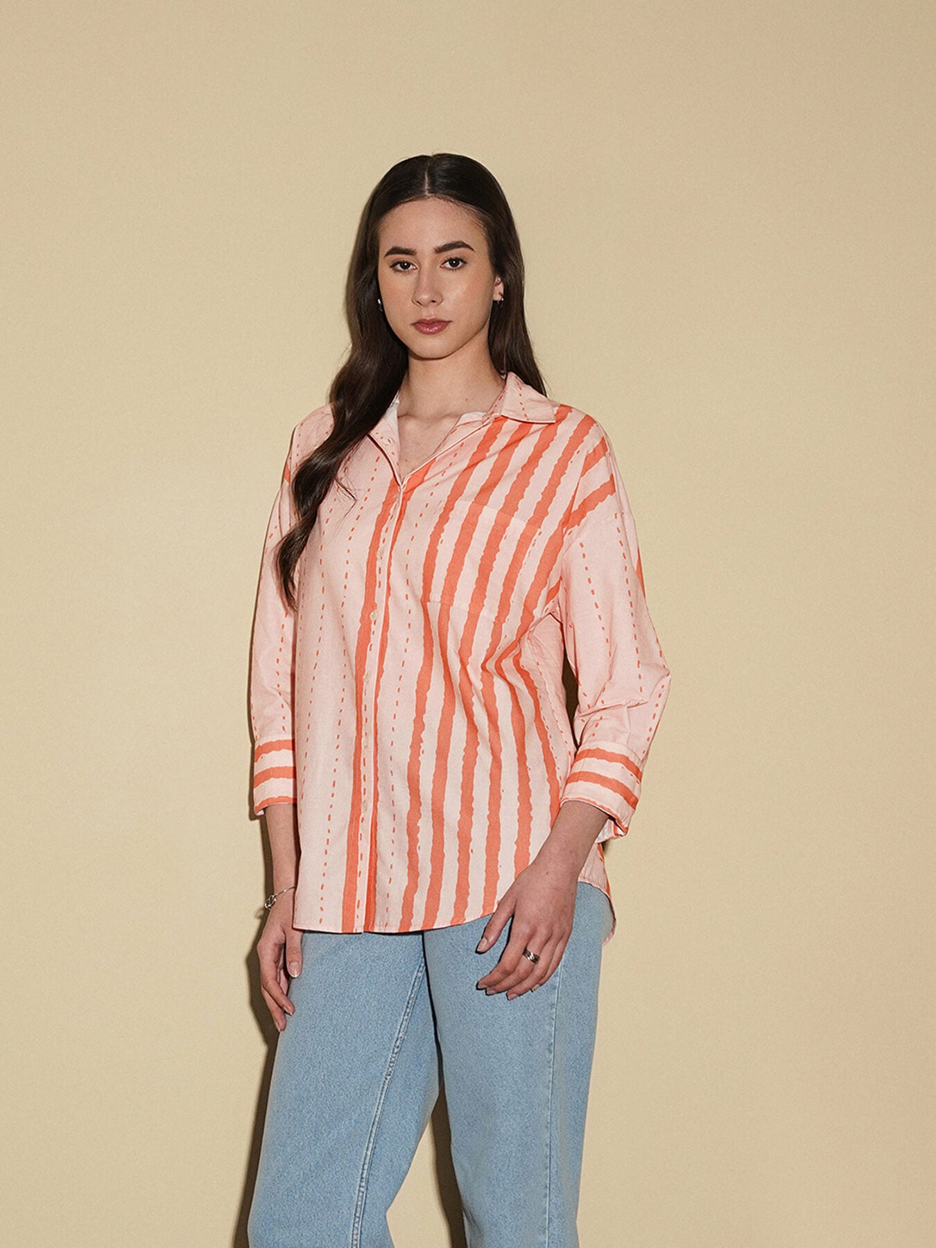 Cotton Placement Striped Shirt - Peach