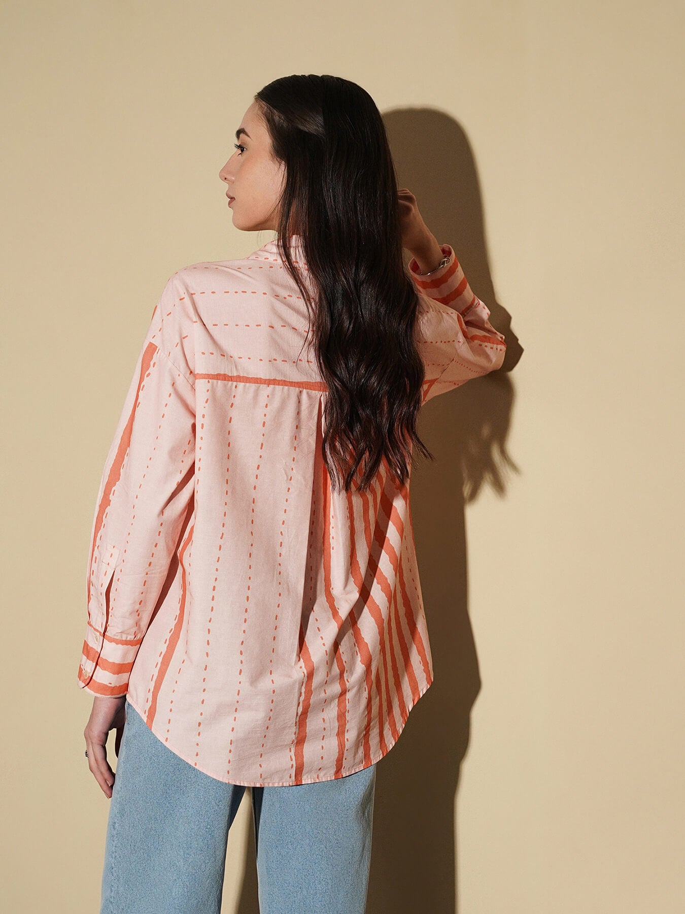 Cotton Placement Striped Shirt - Peach