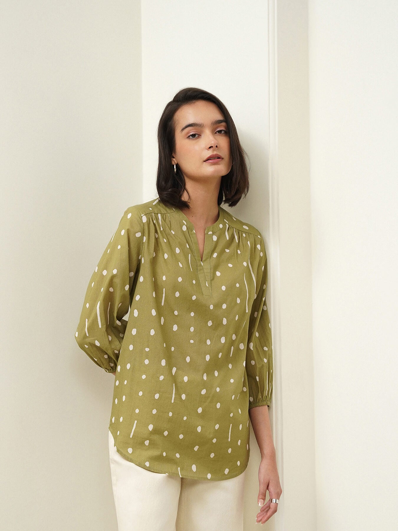 Cotton Polka Band Collar Top - Green
