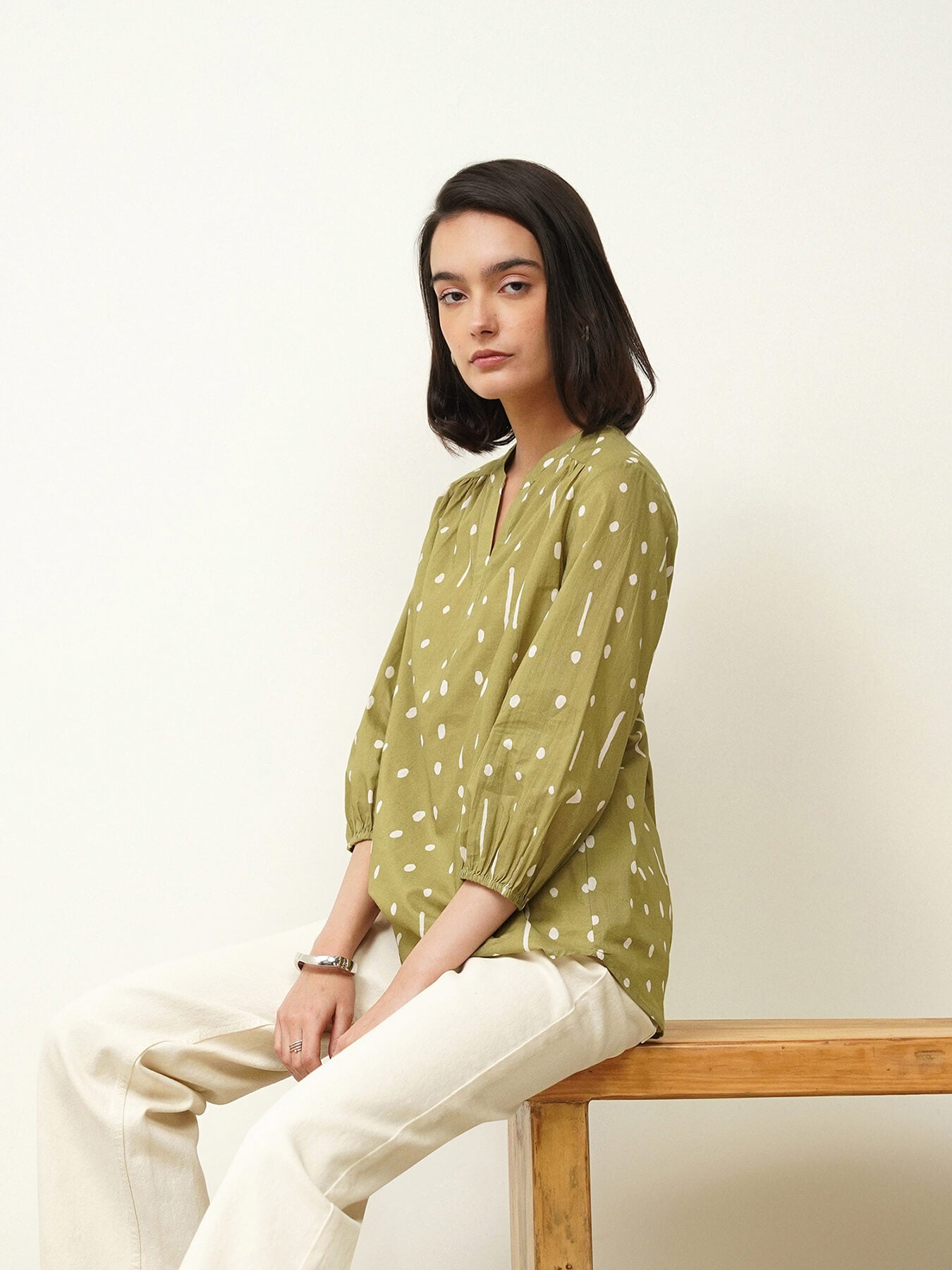 Cotton Polka Band Collar Top - Green