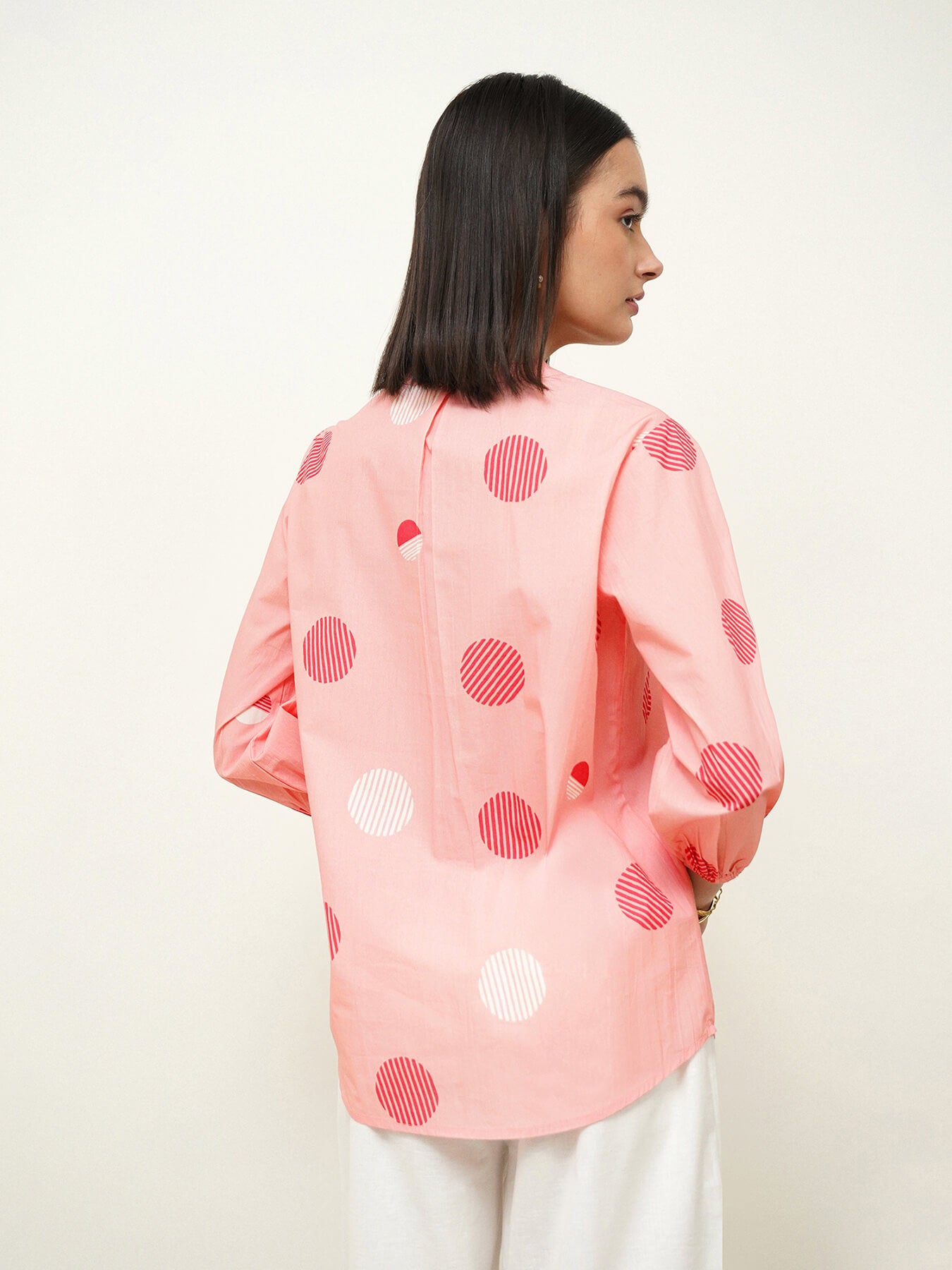 Cotton Polka Mandarin Collar Top - Pink