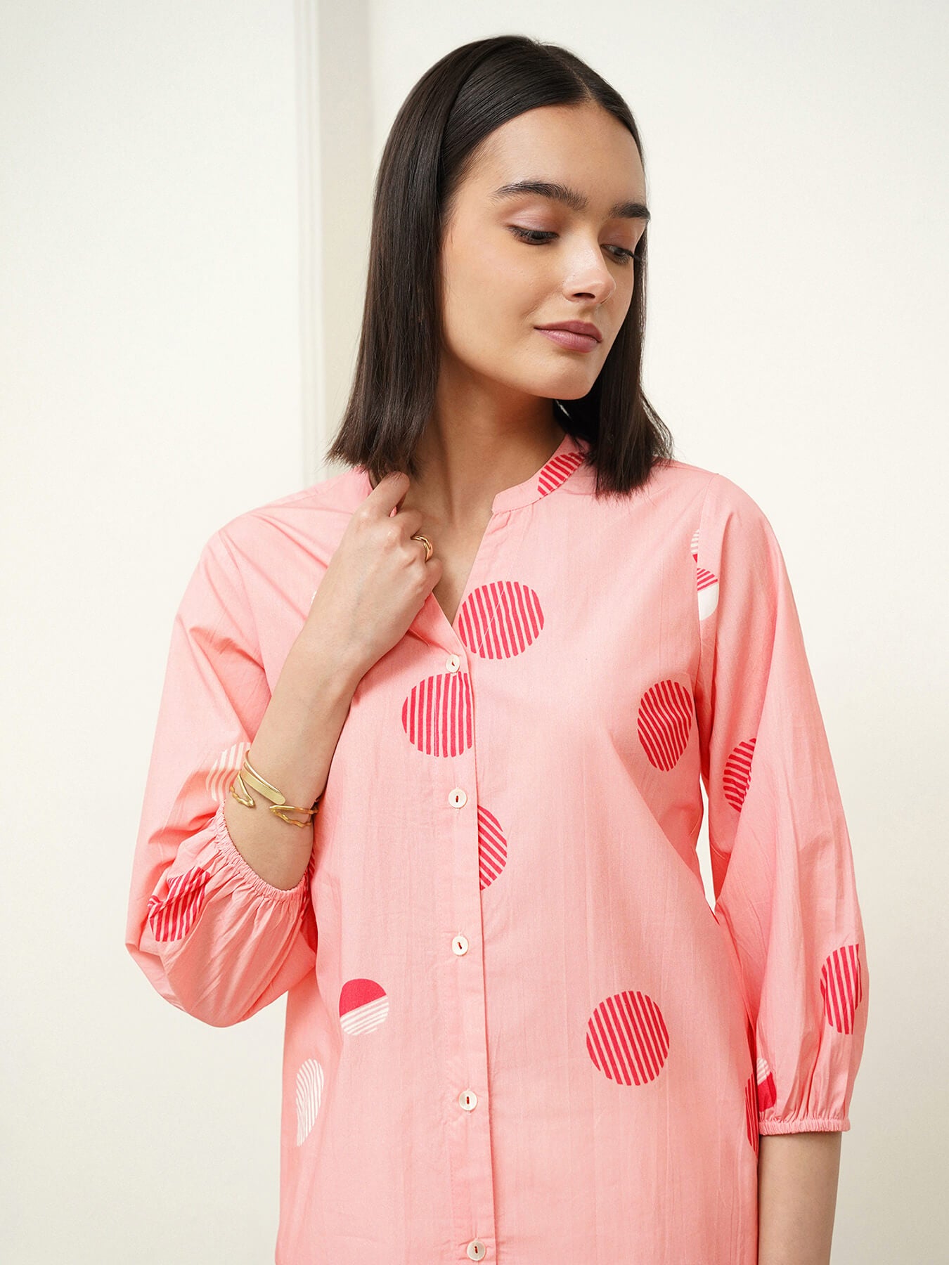 Cotton Polka Mandarin Collar Top - Pink