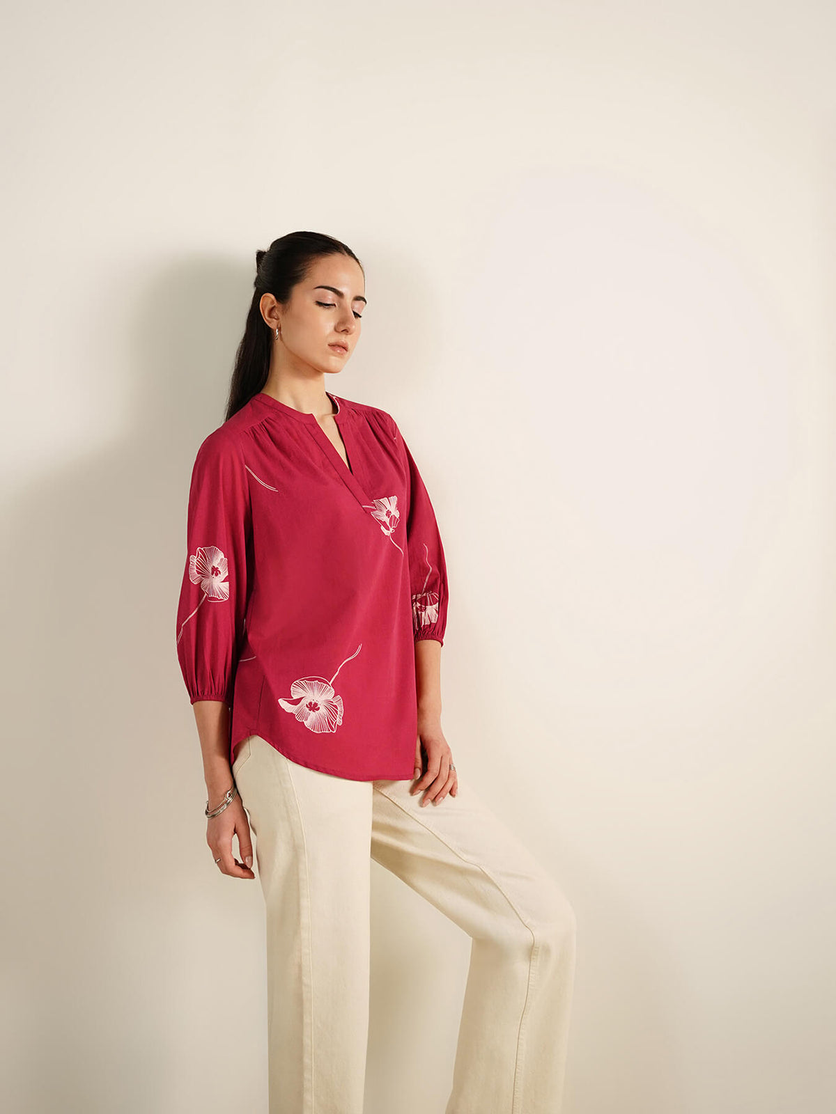 Cotton Floral Mandarin Collar Top - Red