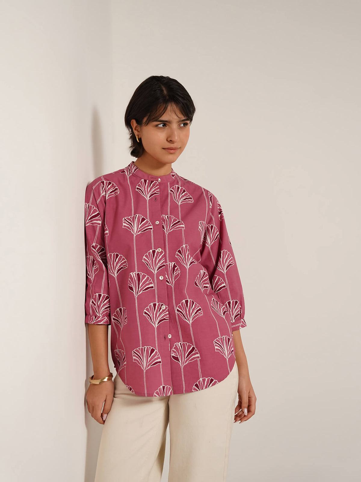 Cotton Floral Mandarin Collar Shirt - Pink