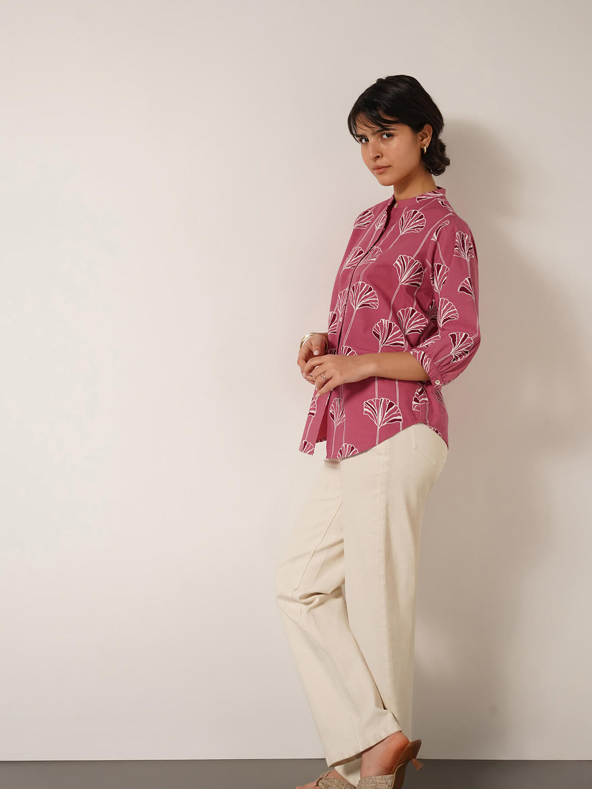 Cotton Floral Mandarin Collar Shirt - Pink