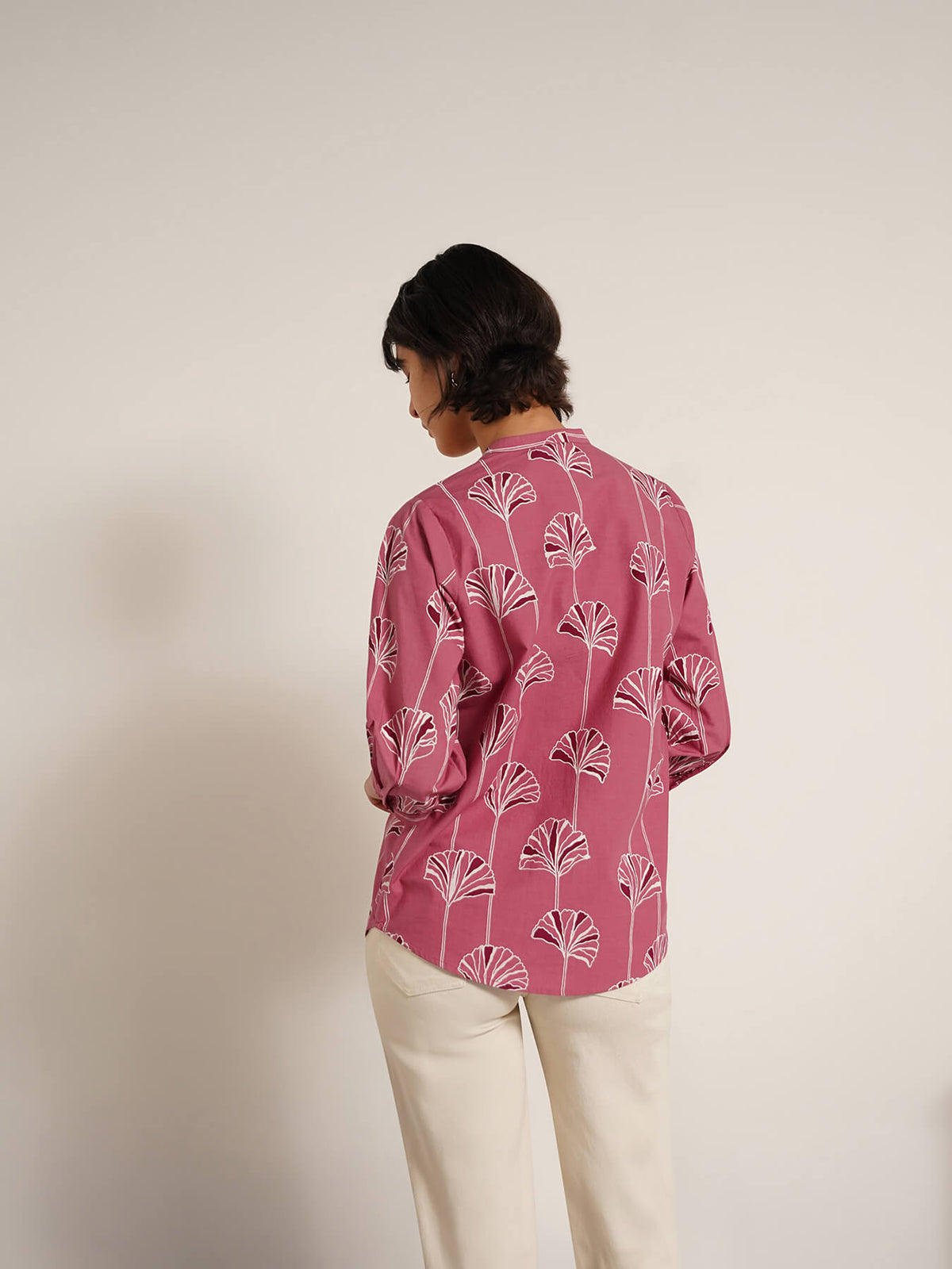 Cotton Floral Mandarin Collar Shirt - Pink