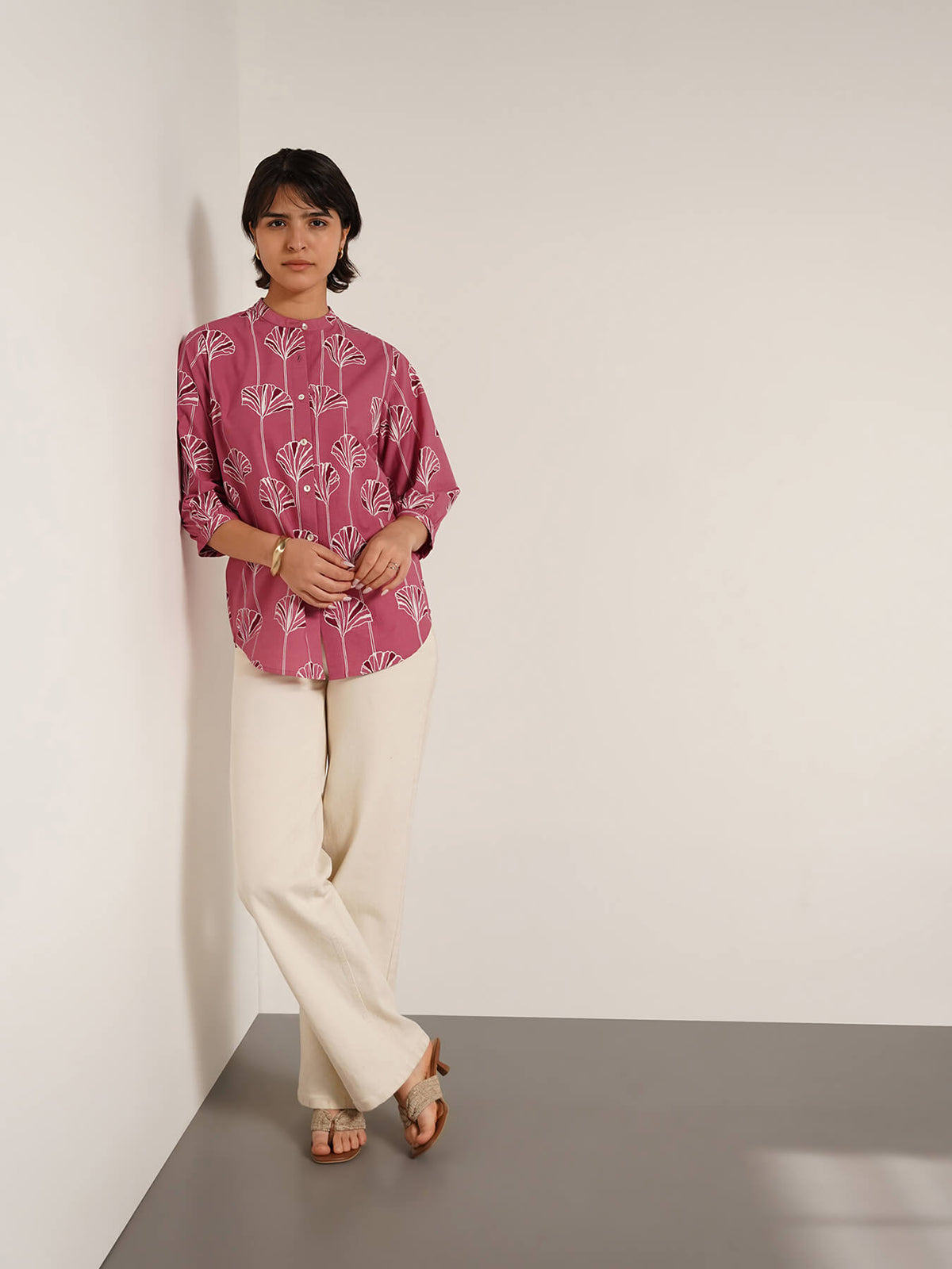 Cotton Floral Mandarin Collar Shirt - Pink