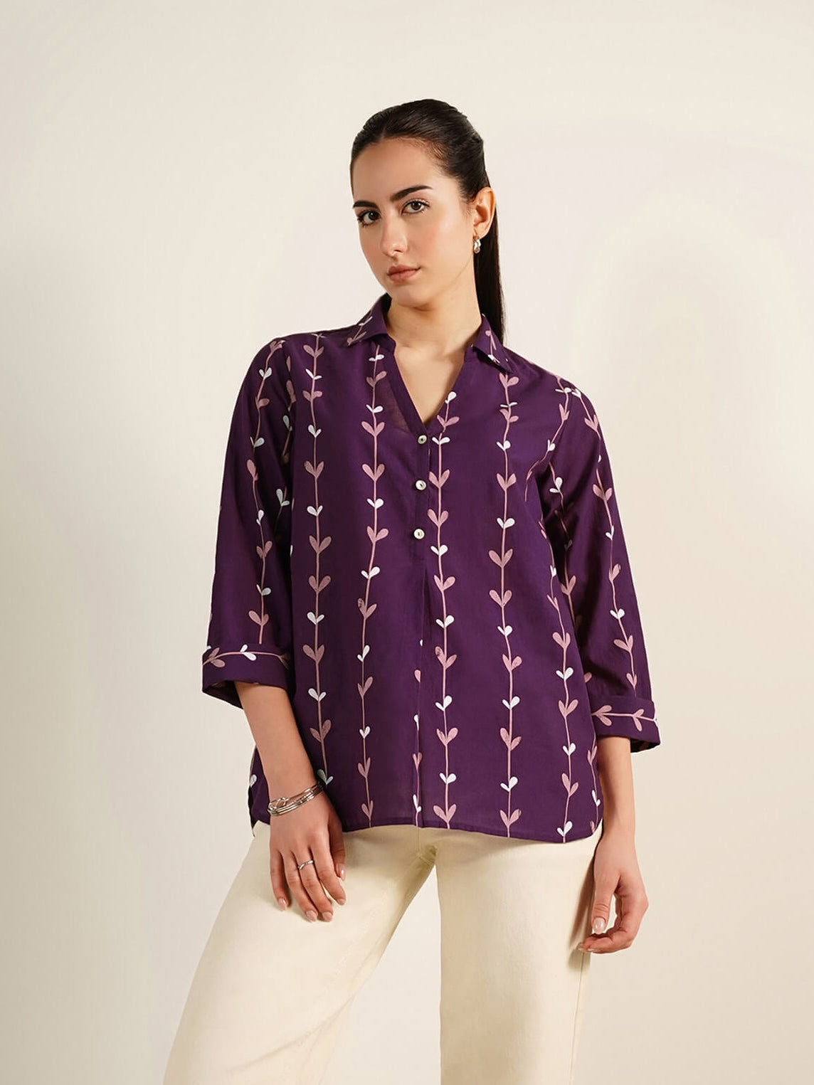 Cotton Floral Shirt Collar Top - Purple