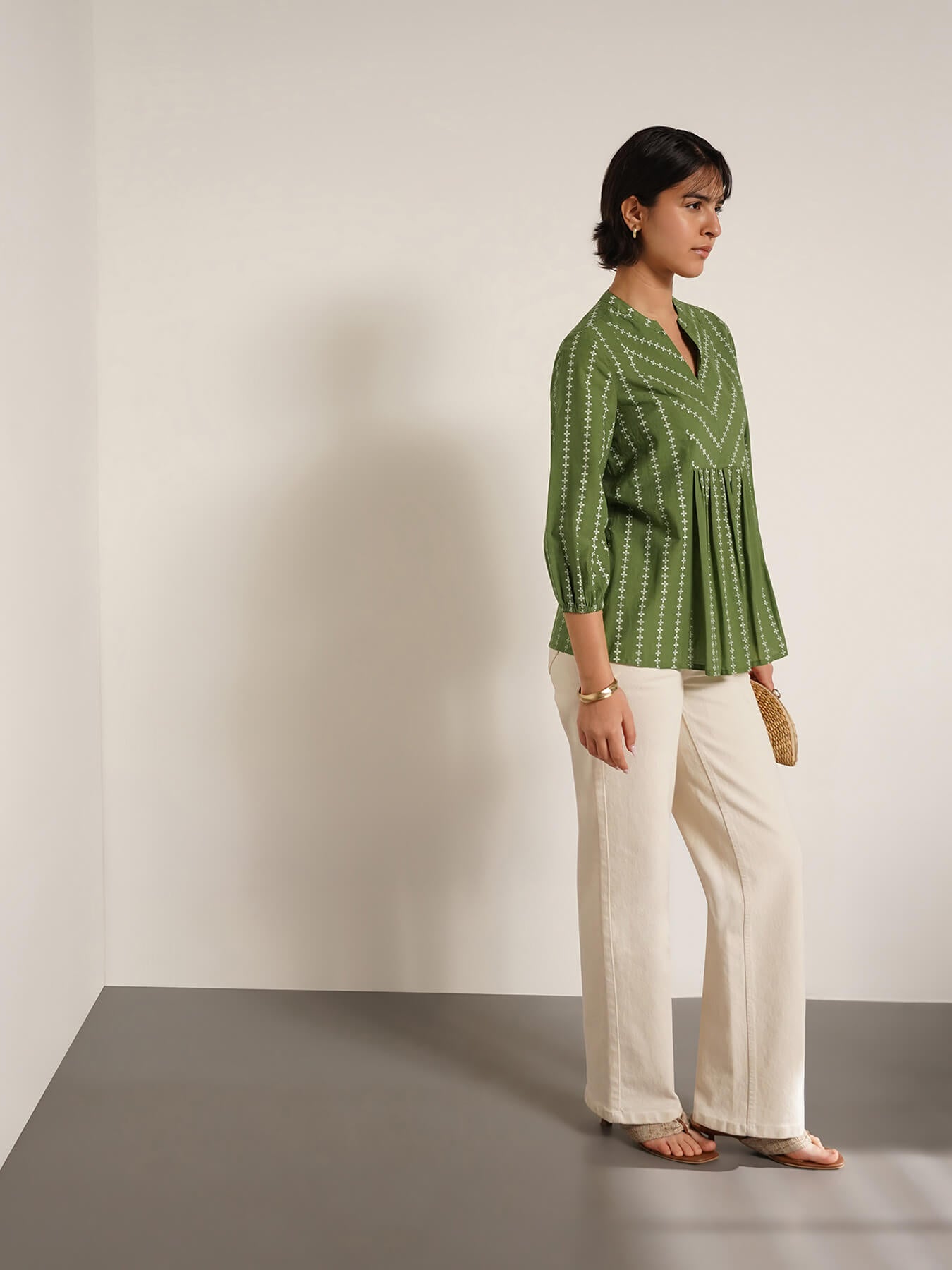Cotton Ethnic Motif Mandarin Collar Top - Green