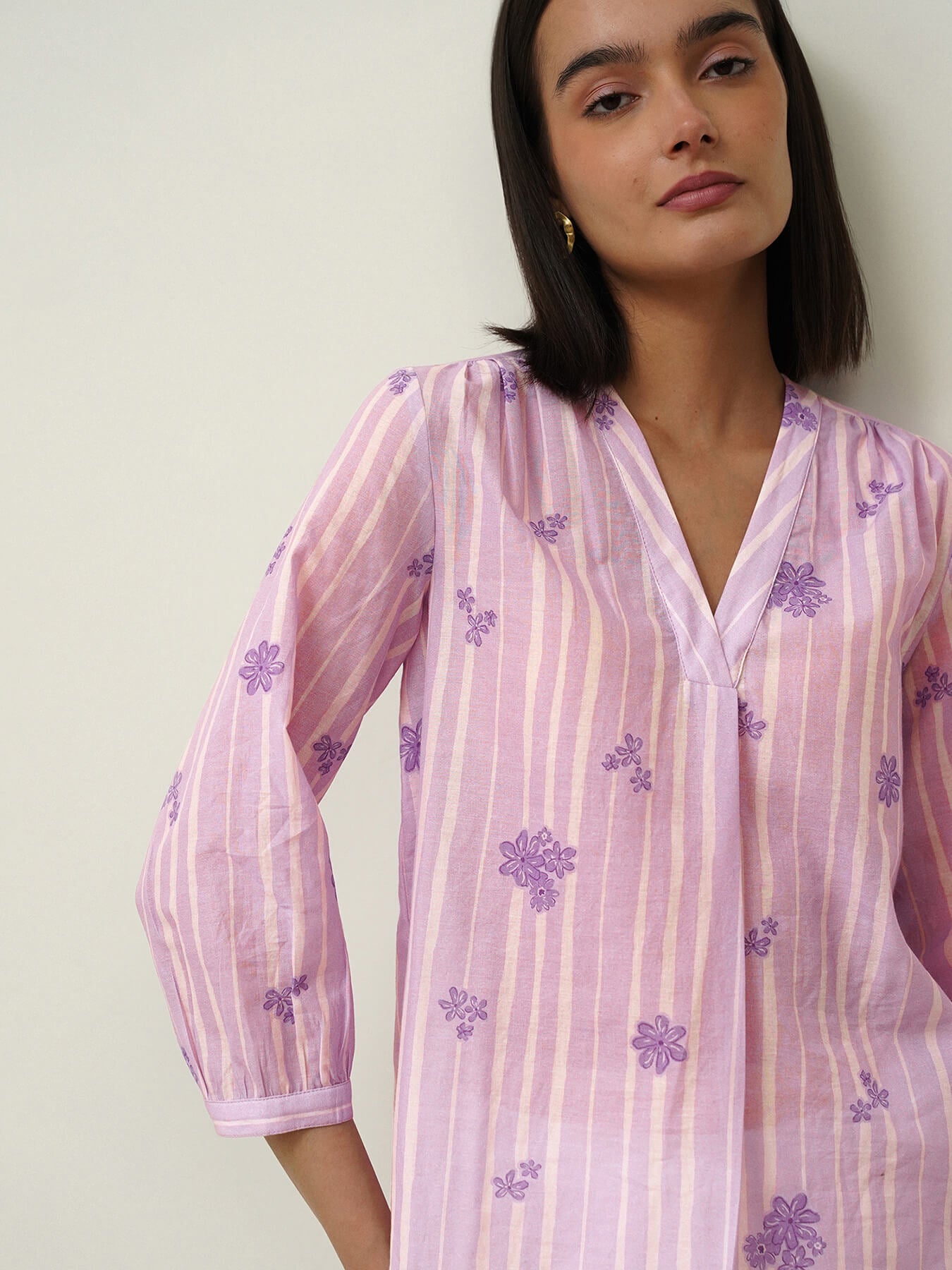 Cotton V-Neck Regular Top - Purple